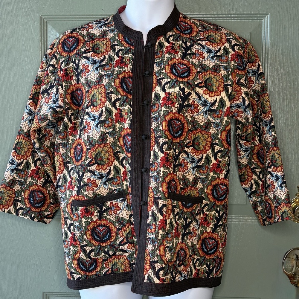 Reversible Quilted Jacket XL Floral Botanical Boho Chore Coat Asian Art to Wear - Picture 7 of 16